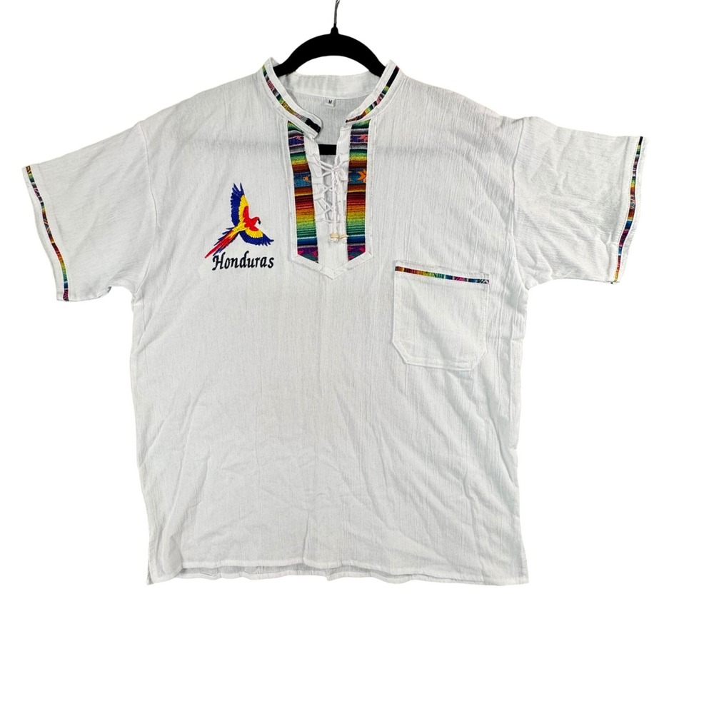 Honduras‎ Embroidered Tunic Shirt Mens M White Parrot Resort Boho Guayabera